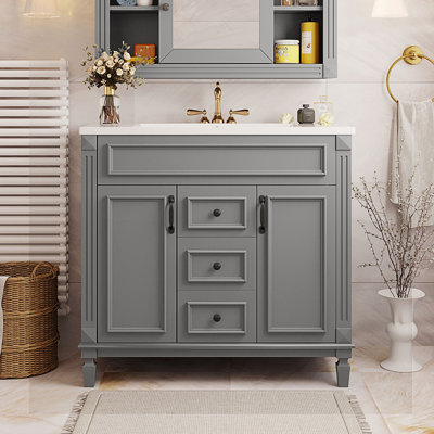 Meuble-lavabo de salle de bain avec lavabo supérieur, armoire de rangement moderne avec 2 portes à fermeture douce et 2 tiroirs
