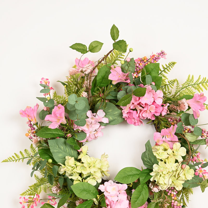 Couronne de fleurs artificielle 24 po pour jardin d'été, printemps, été, verdure, baies et hortensia