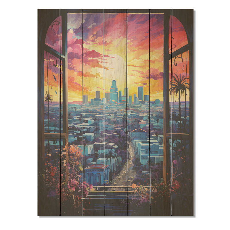Los Angeles Window View II - fenêtre florale sur bois, H 44 po x l 34 po