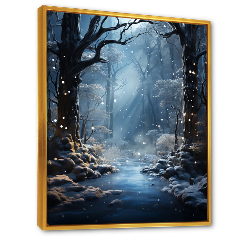 «White Path To The Winter II», art mural forêt, H 44 po x l 34 po x P 1,5 po, Cadre flottant doré