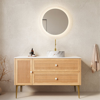 Meuble-lavabo de 48 po avec lavabo, armoire de rangement autoportante en contreplaqué avec 4 pieds en métal, porte et 2 tiroirs, lavabo en céramique blanche avec motif de pierre, sans robinet, pré-assemblé, couleur grain de bois de chêne