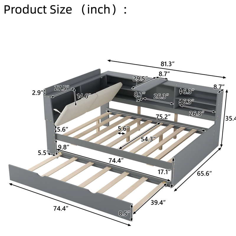 Lit plateforme multifonctionnel rembourré avec lit gigogne et tablettes de rangement intelligentes, Gris