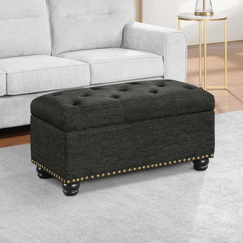 Alease 35.5" Tufted Rectangle Storage Ottoman, Dark Charcoal Gray Fabric 