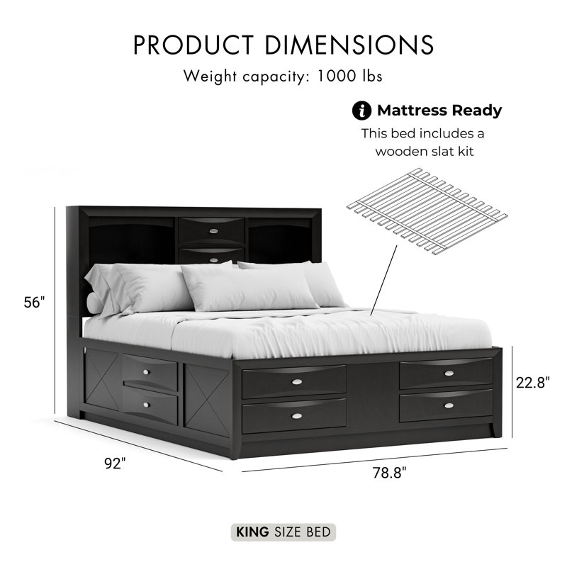Lakiesha 6-Piece Wood Storage Bedroom Set, Black, 6 Pcs: Bed,2 Nightstands, Chest, Dreser,Mirror, King
