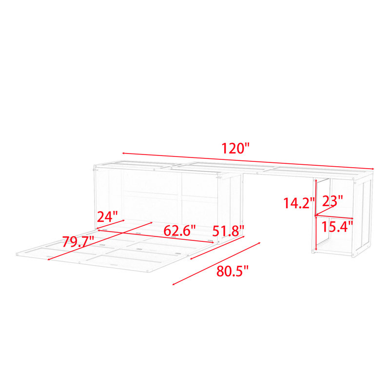Grand lit escamotable en bois avec bureau rotatif et tablettes Hanlee, Blanc