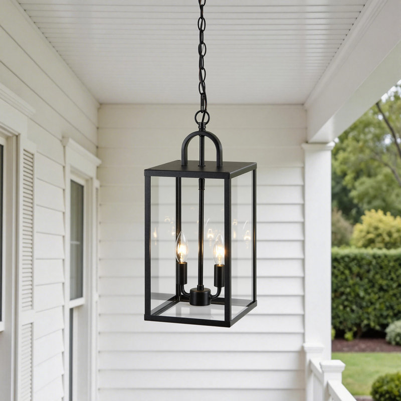 2-light Outdoor Hanging Lantern With Clear Glass Shade, Matte Black