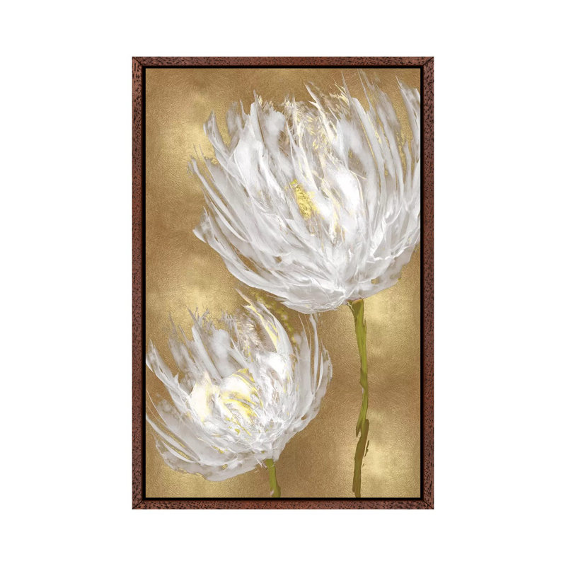 Tulips On Gold II by Vanessa Austin - Print on Canvas, 152.5 cm H x 101.5 cm W, Classic Brown Wood Framed
