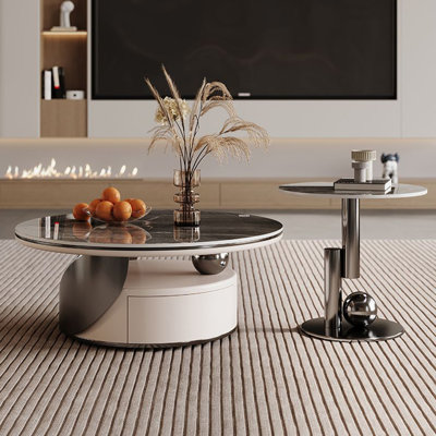 Ensemble de tables basses rondes en fritté gris + acier inoxydable + bois massif