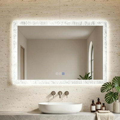 Miroir de salle de bain 101,6 x 81,3 cm avec éclairage DEL 3 couleurs, verre trempé, luminosité réglable, antibuée, fonction mémoire, argenté et verre sculpté, fixation murale