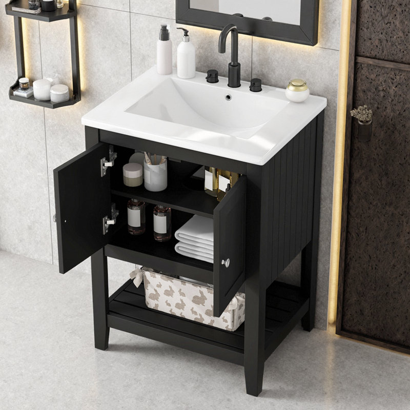 Meuble-lavabo moderne 24 po avec lavabo en céramique Semilune, Black