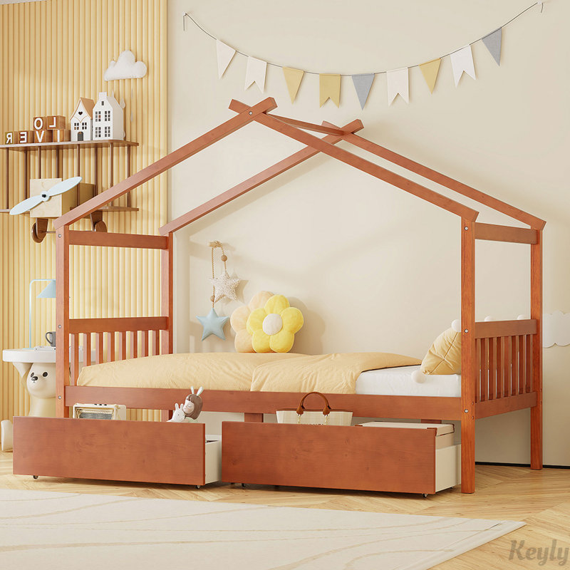 Lit en bois avec tiroirs, Naturel, Double