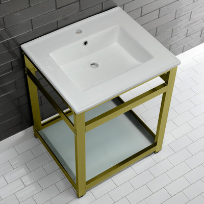 Kingston Brass Quadras 25-Inch Ceramic Console Sink with Steel Base and Glass Shelf