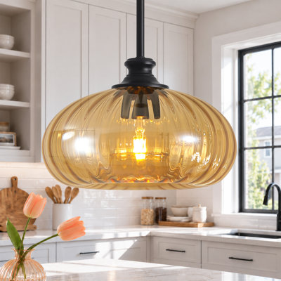 Suspension Alejo 10,8 po en verre côtelé en forme de citrouille à une lumière pour îlot de cuisine