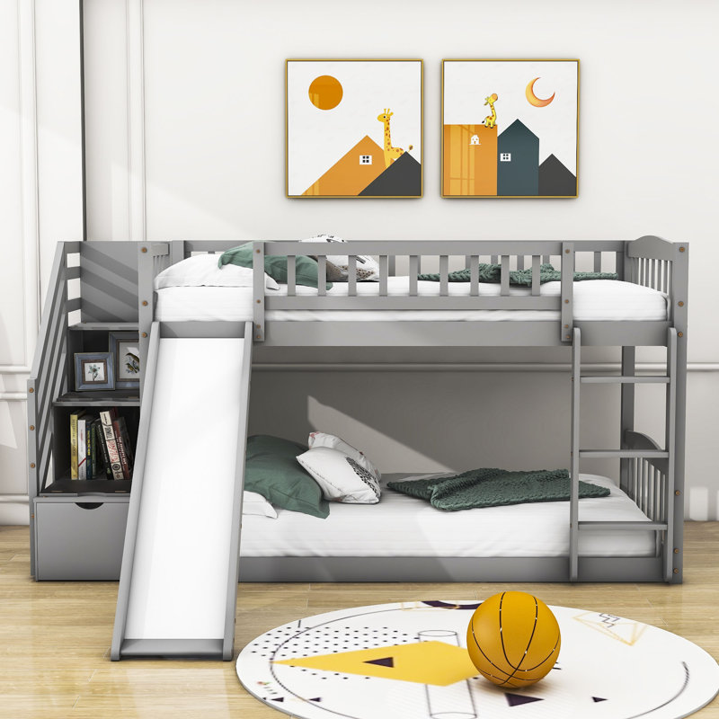 Twin Over Twin Wooden Standard Bunk Bed with Slide, Gray