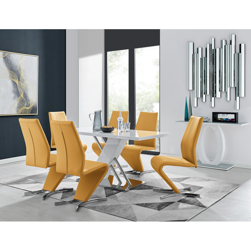 Sorro Cross Luxury High Gloss & Chrome Dining Table Set with 6 Modern Design Faux Leather Chairs, Mustard Yellow