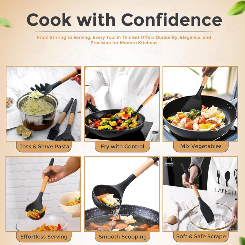 Ensemble d'ustensiles de cuisine édition spéciale avec poignée en silicone 6 pièces noir longueur 12,9 pouces utilisé pour la cuisson, la cuisson, le mélange, le service