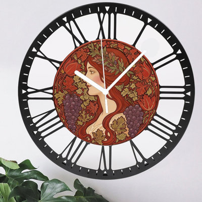 Horloge murale ronde 10 "en fer - inspirée d'Alphonse Mucha, quartz silencieux, chiffres romains, imprimé UV