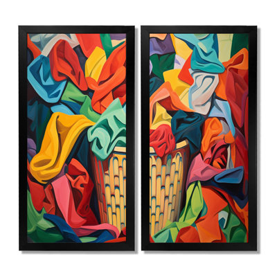 Multicolor Laundry Basket - Laundry Framed Wall Art, Colorful Illustration Canvas Print Set Of 2