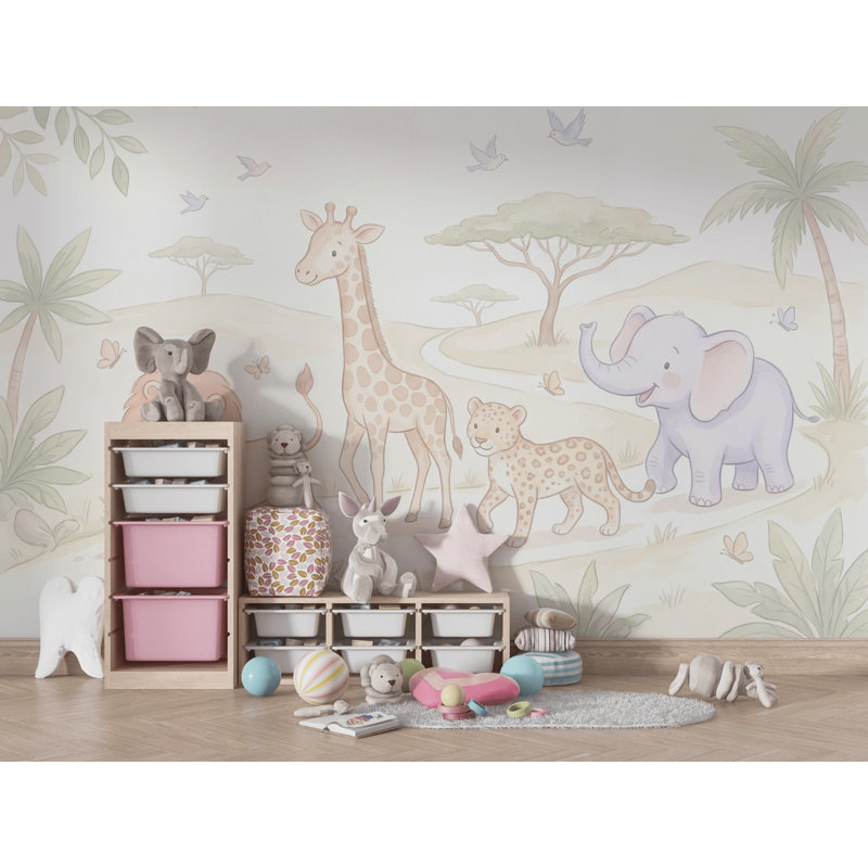 Papier peint fond blanc avec chambre d'enfant Safari, Peler et coller, 200 po x 120 po
