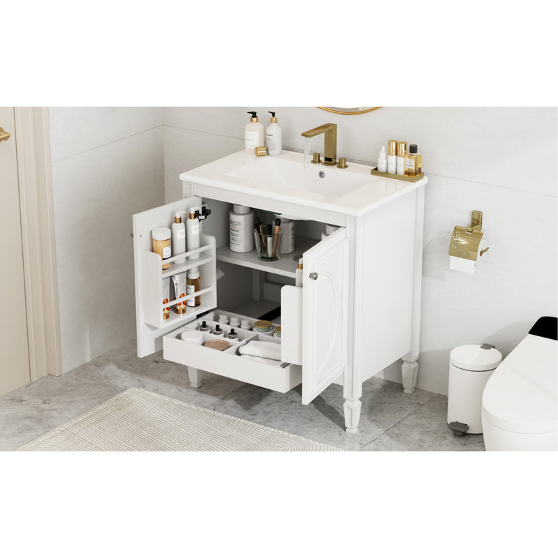 Charmant meuble-lavabo avec rangement abondant et design élégant, Blanc, Argent argent