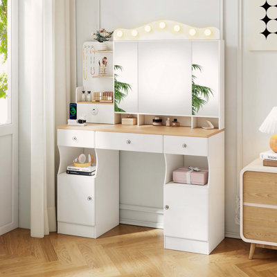 Vanity Desk with Tri-Fold Mirror, USB Charging, and Multi-Dimensional Storage
