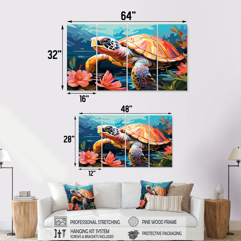 Pop Art Curious Turtle Aquatic I - Tortue, ensemble de 4 décorations murales, H 28 po x l 48 po