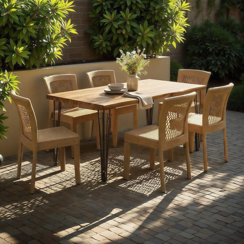 Ensemble de salle à manger d'extérieur moderne 7 pièces avec table en acacia et chaises empilables - 6 places, durable pour le patio, la terrasse ou la cour