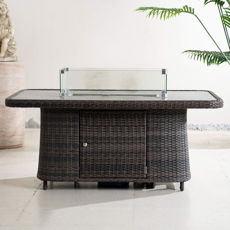 Aluminum Adjustable Fire Pit Table With Tempered Glass Top – Multifunctional Wicker Design, Brown