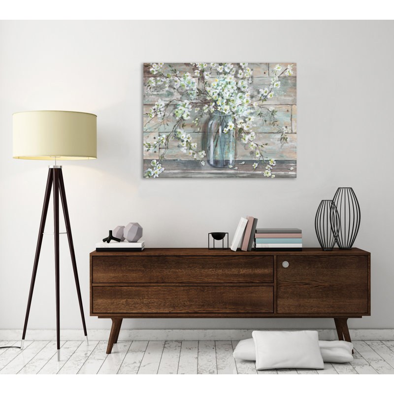 Blossoms In A Mason Jar: Grey - Wrapped Canvas Print, 30.5 cm H x 40.6 cm W