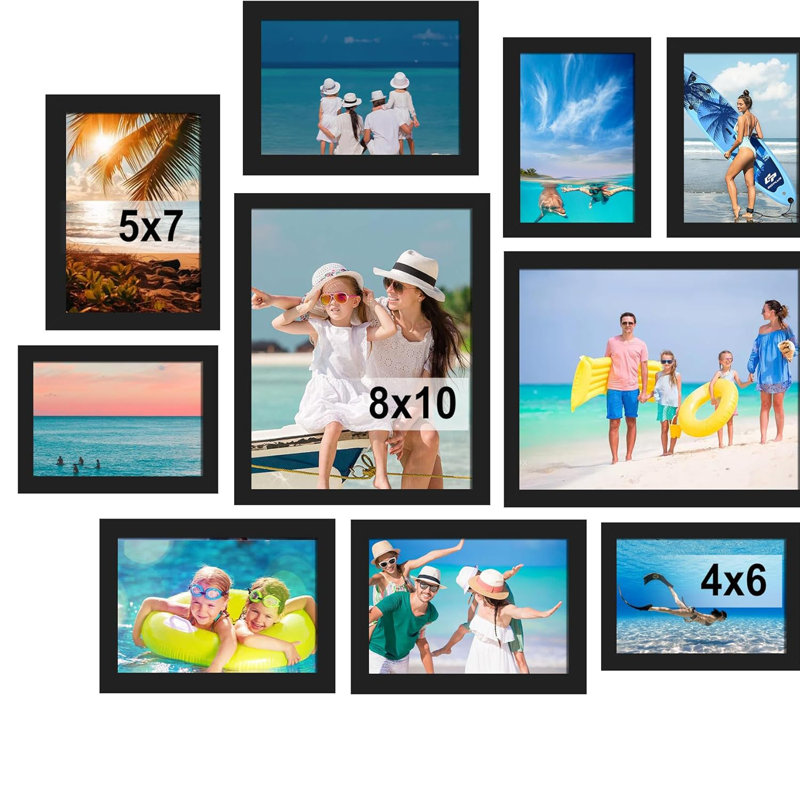 Ensemble de 10 cadres photo noirs, ensemble de cadres muraux multi-tailles (8 x 10/5 x 7/4 x 6) pour un affichage mural ou de table
