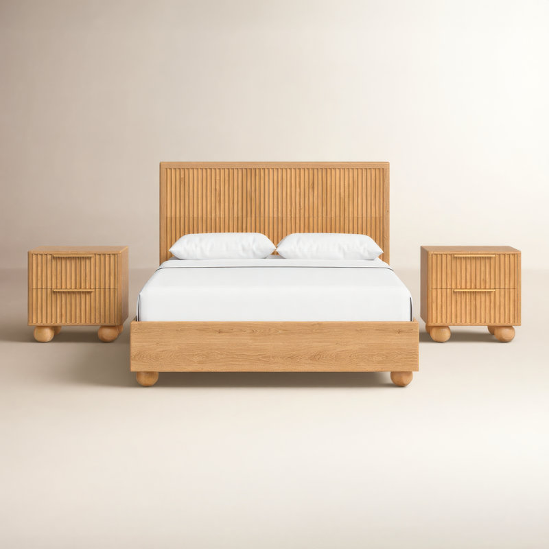 Camila Solid Wood Piece Bedroom Set, Queen, 3 Pcs. Bed, 2 Nighstands