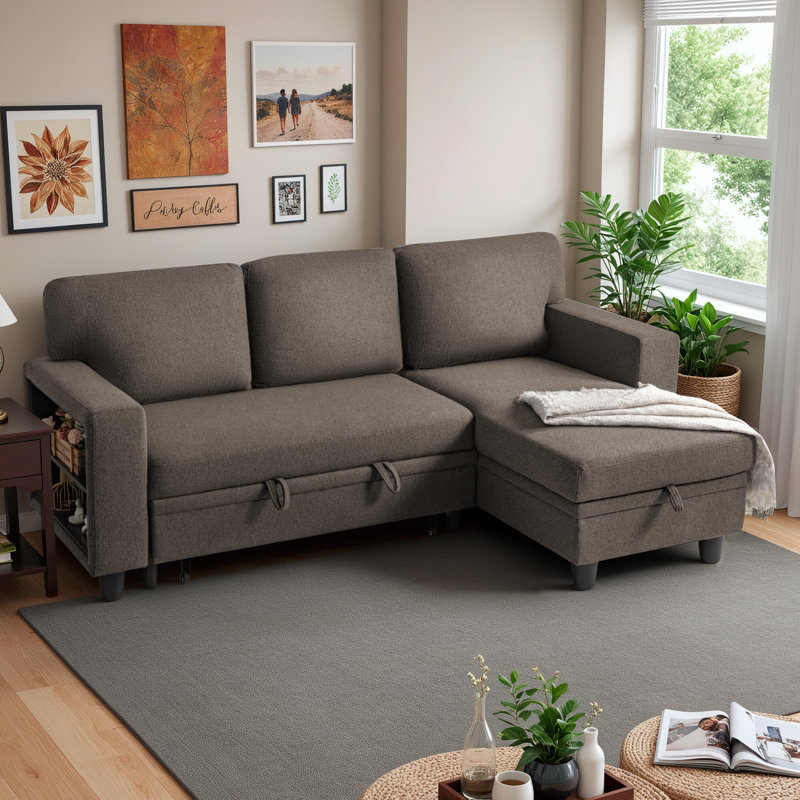 Canapé modulaire en L avec méridienne de rangement, ports de chargement USB et 2 tablettes intégrées, Tissu brun