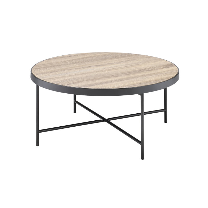Table basse en métal avec pieds en chêne gris vieilli et plateau rond en bois
