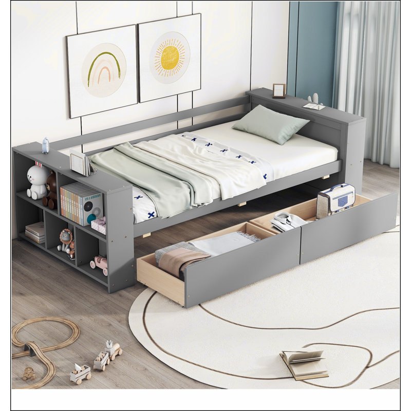 Lit de jour avec tablettes et tiroirs, Gris