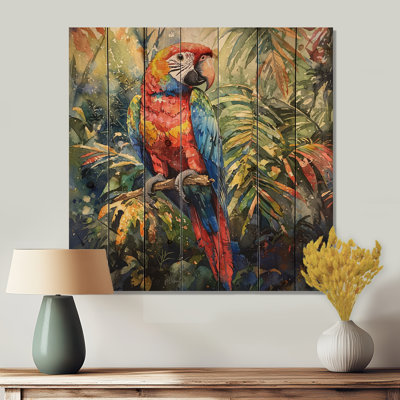 Tropical Parrot In The Rainforest II - Parrot Wood Wall Art - On Natural Pine Wood