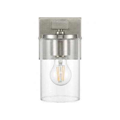 Gabi Meridian 1-Light Bathroom Vanity Light with Clear Glass Shade, Modern Wall Sconce, Damp Rated, Nickel