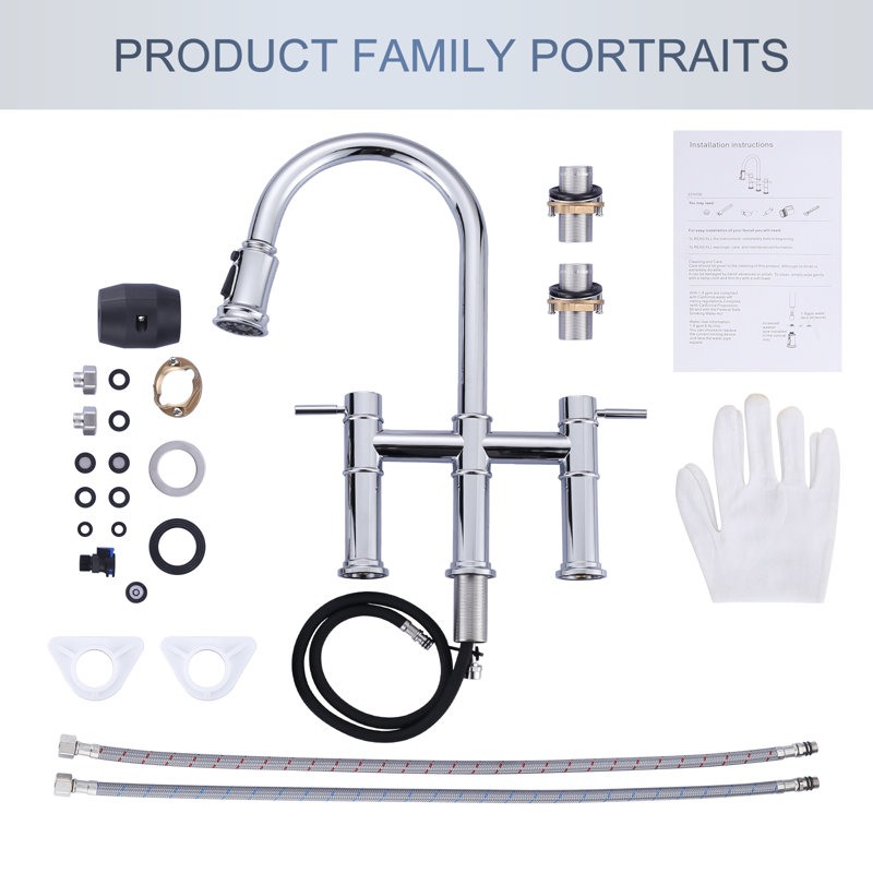 Chrome High-Arc Double Handle Kitchen Faucet with Pull-Out Spray