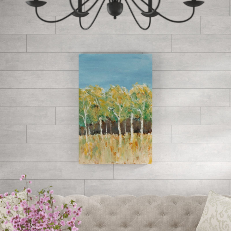 «Dense Trees I» par Sara Brown - peinture sur toile, H 45 po x l 30 po, Gel coupé au couteau
