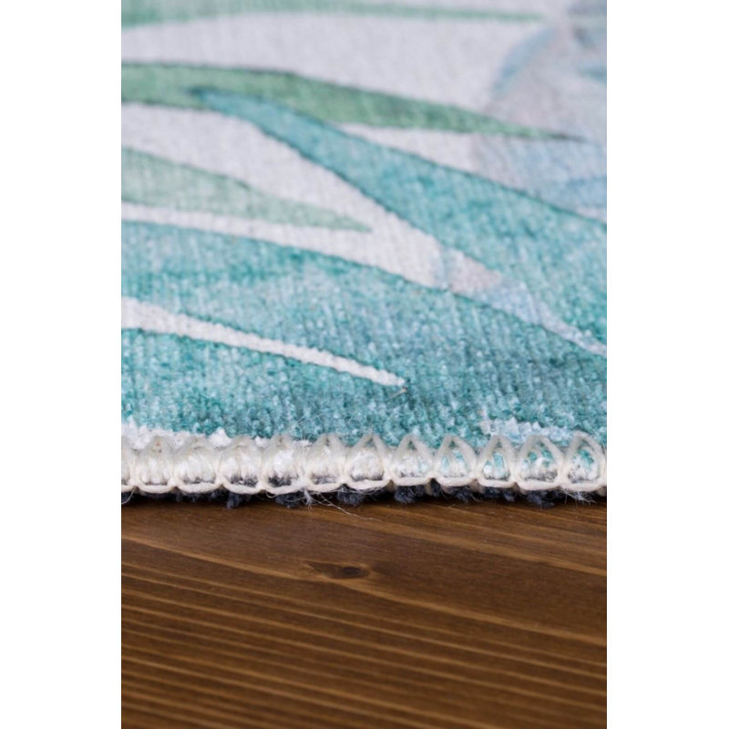 Tapis décoratif à motif floral vert, bleu et blanc, Rond 5 pi