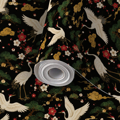 Papier peint adhésif à peler et coller avec éléments décoratifs asiatiques de grue sans couture japonais tels que 60 po x 300 po (24 po x 118 po) auto-adhésifs et amovibles