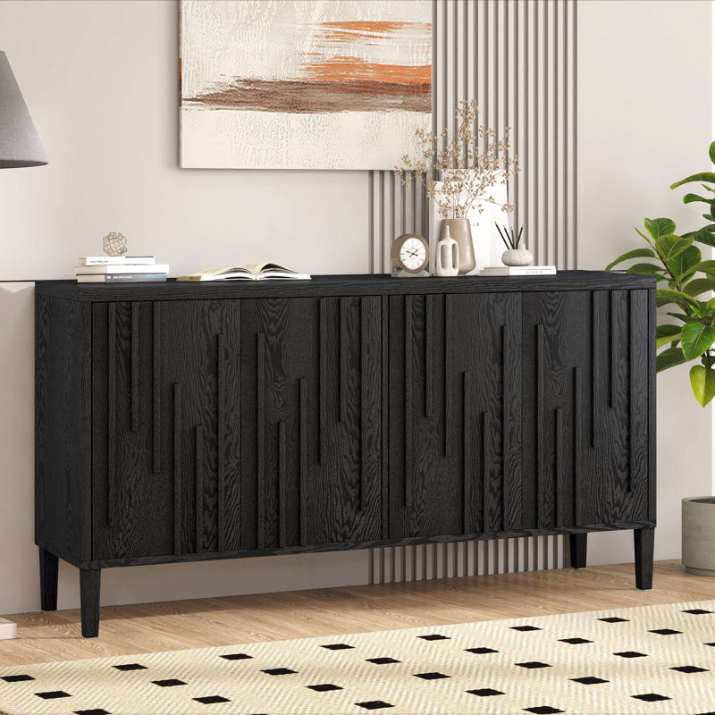 Wooden Sideboard with 4 Doors & Hidden Handles, Black