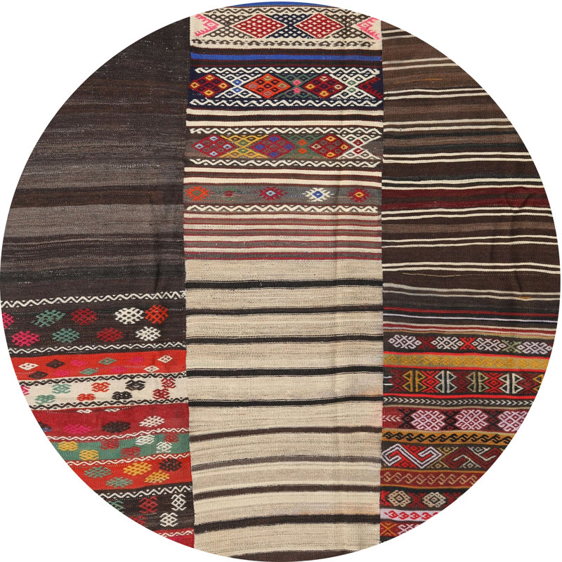 Tapis contemporain beige / brun / rouge, Rond 3 pi