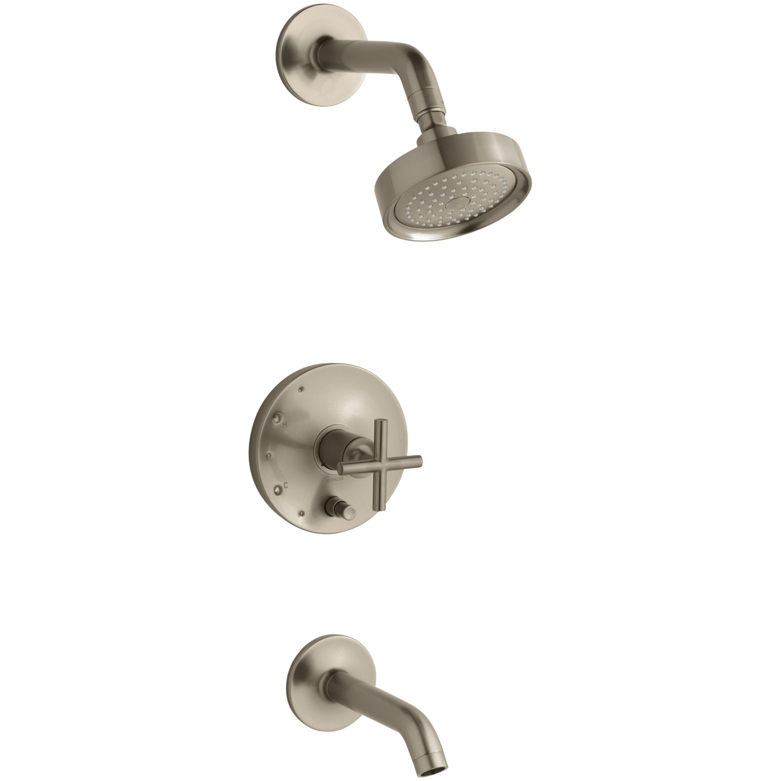 Purist Pressure-Balancing Thermostatic Tub and Shower Faucet, Vibrant Brushed Bronze, Cross Handle, 2.5 GPM