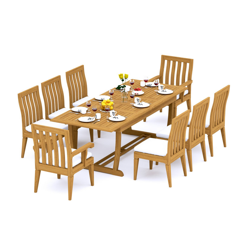 Ensemble de salle à manger 9 pièces en bois de teck de qualité A: table de chevet rectangulaire à double tréteaux et chaises Caranas de 94 po # 11Ca2102