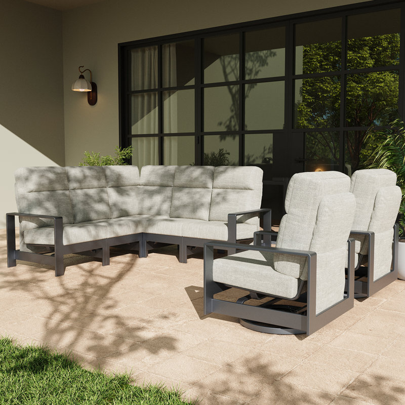 7 Pieces Modern Patio Sectional Sofa Set With 2 Pieces Swivel Chairs, Outdoor Furniture Set With 6 Inch Cushions