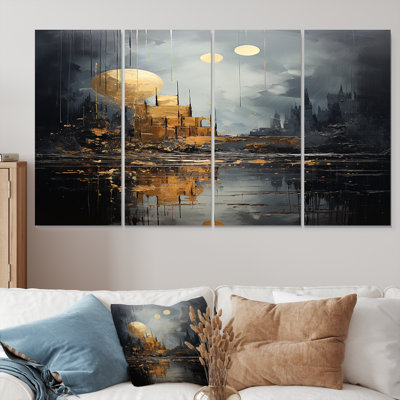 Golden Cityscape Full Moon Reflection - Abstract Landscape Wall Art Decor Set 4 Piece