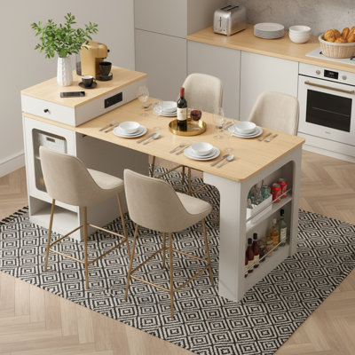 Expandable Kitchen Island & Dining Table, Convertible 3-Size Storage Cart With Built-In Power Outlet, Double-Sided Cabinets For Small Spaces by Latitude Run