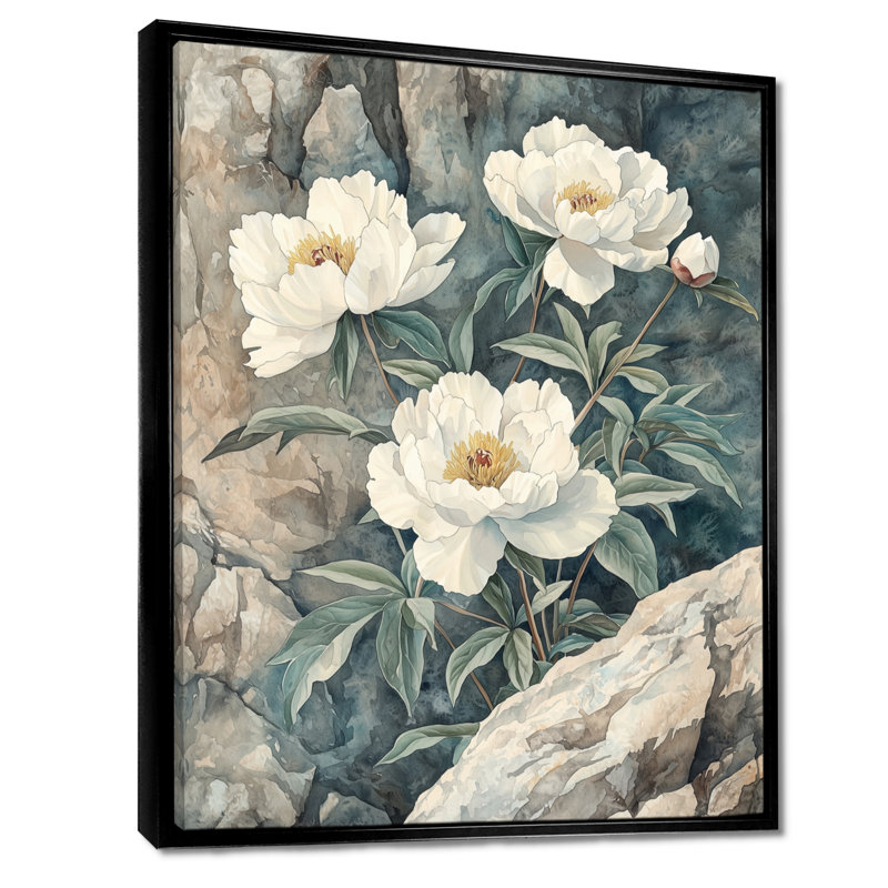 Art sur toile, pivoines monochromes au bord de la falaise I, Noir, Reproduction avec cadre flottant, H 20 po x l 12 po