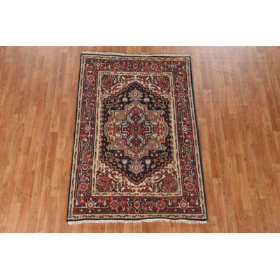 Tapis oriental géométrique en laine Heriz Serapi noué à la main 4 pi 1 po x 6 pi