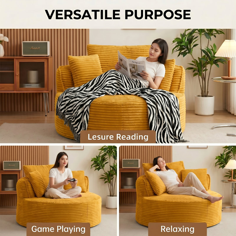53.5" Oversized Round Chaise Lounge Chair Indoor, Comfy Corduroy Upholstered Boneless Couch with Pillow, No Assembly Required, Deep Seat Lounge Floor Compression Sofa Chair for Living Room, Apartment